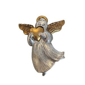 Liz Claiborne Angel Pin Holding Heart Two Tone Brooch Shawl Pin Scarf Pin